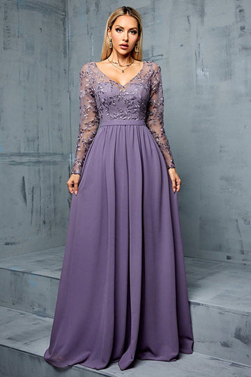 Purple Chiffon A Line Long Sleeves Mother of the Bride Dress with Appliques